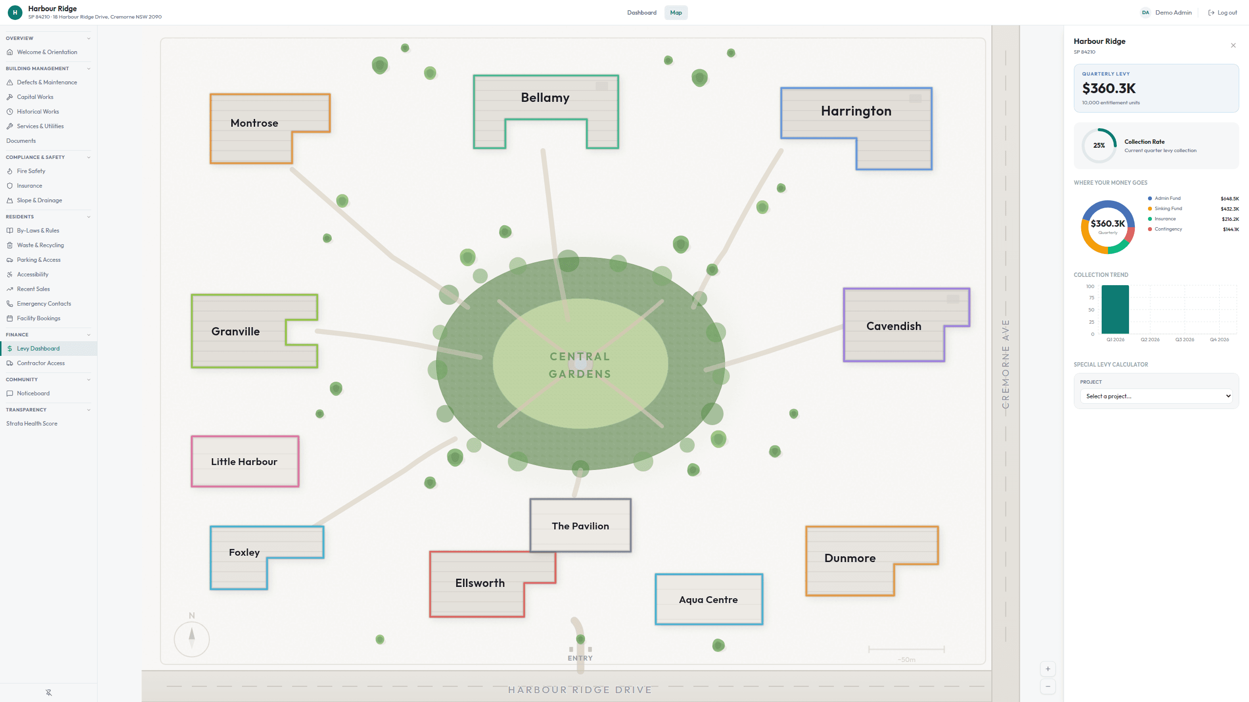 Vistra levy dashboard with building-level financial tracking and budget overlays