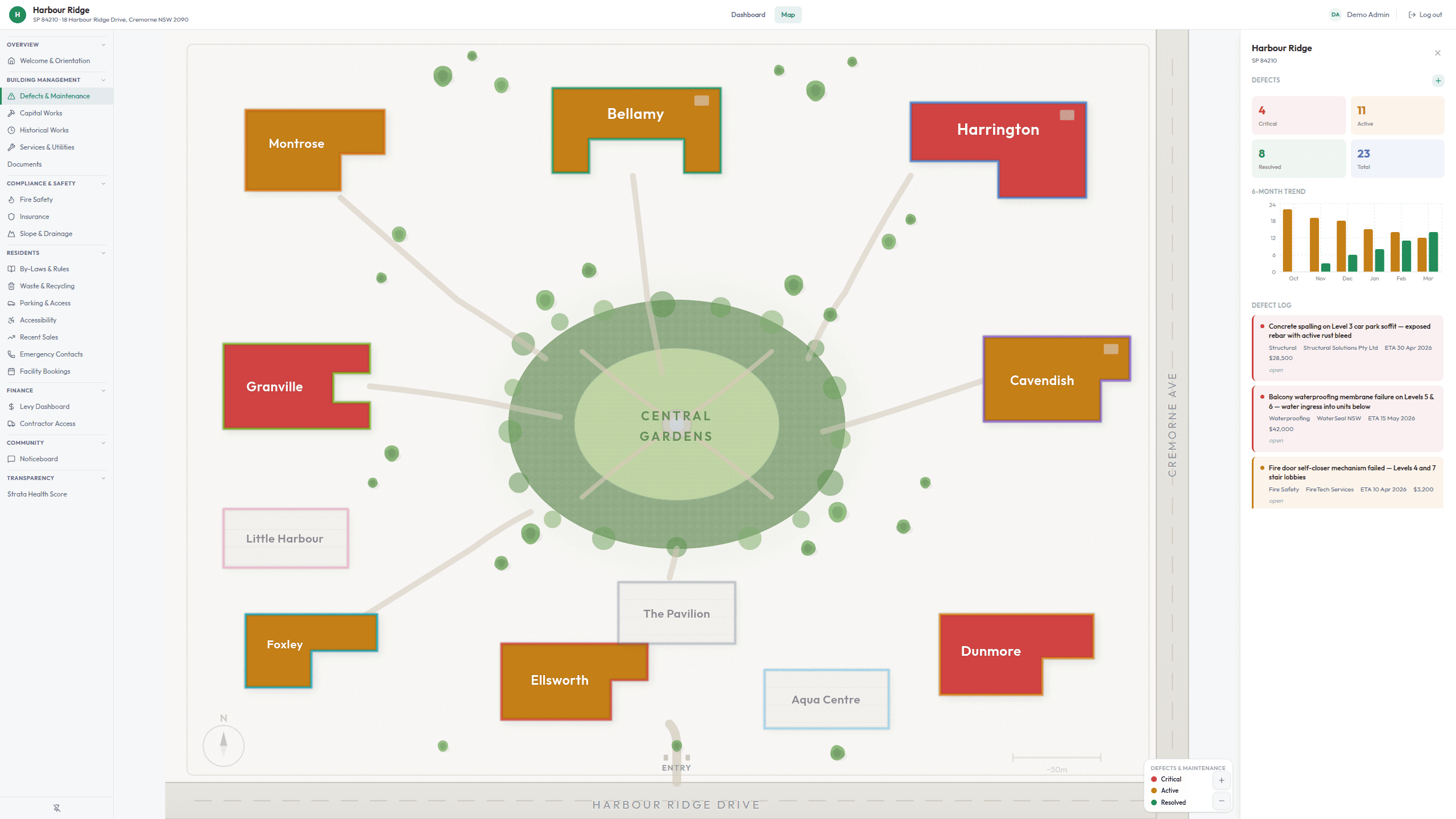 Vistra map view showing defect tracking across buildings with severity indicators